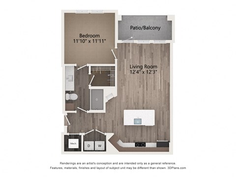 1 bedroom floor plan  at Tapestry Forest Creek Apartments in Collierville, TN